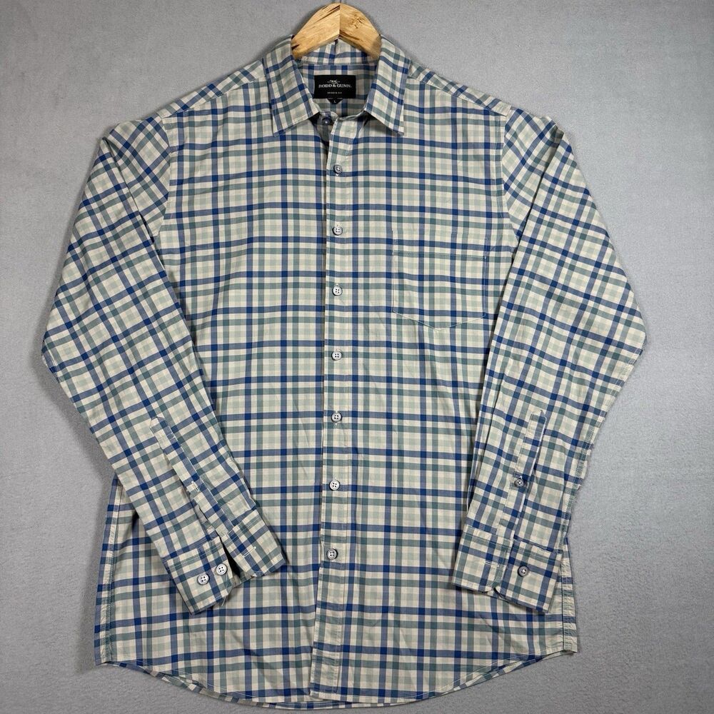 Rodd & Gunn Mens Large Sports Fit Plaid Button Up Shirt Sky Blue Green Cotton L